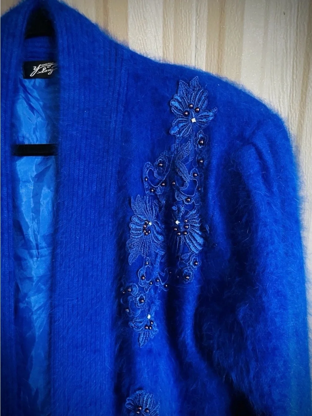 VTG 80% Angora Royal Blue Cardigan Sweater Jacket Beaded 80s Korea Puff Slv XL